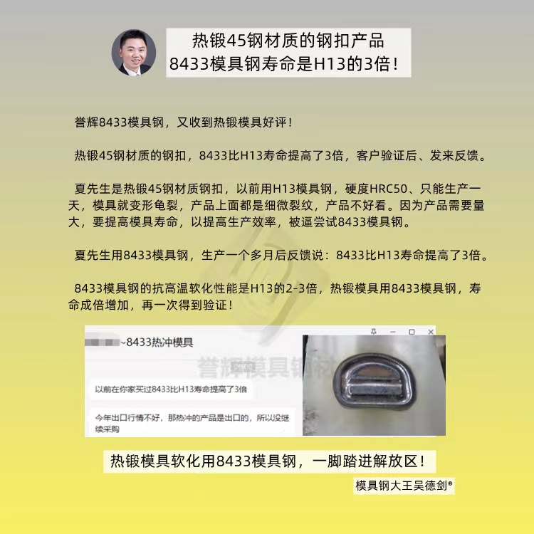 如何減少鍛造模具開(kāi)裂現(xiàn)象？用抗高溫韌性好的譽(yù)輝8433模具鋼不開(kāi)裂