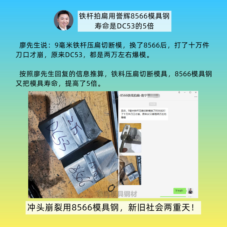 鐵桿拍扁模具用8566模具鋼，壽命是DC53的5倍（第442篇）